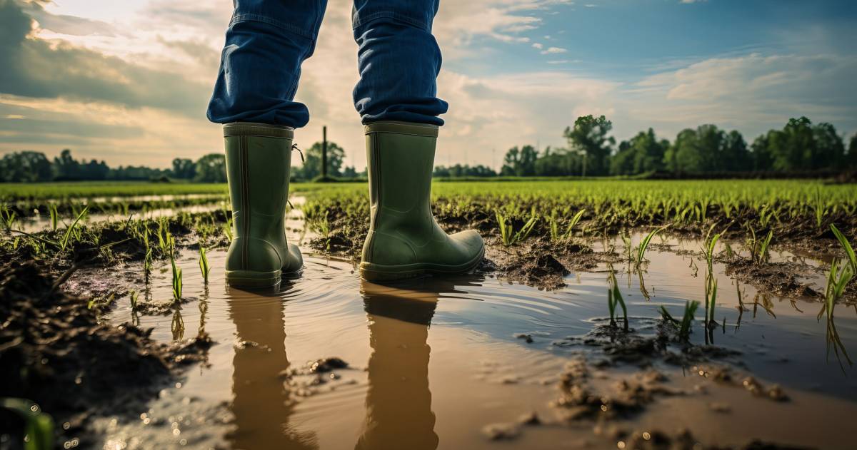 Een boer staat met laarzen in de modderplas met uitzicht over zijn weiland
