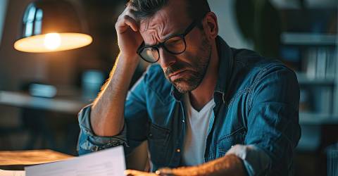 Eeen zorgelijk kijkende zakenman leest een document achter zijn bureau en laptop