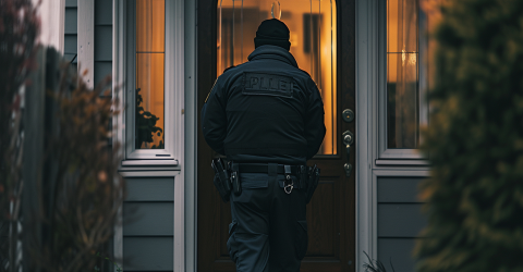 Politieagent staat aan de voordeur van een woonhuis